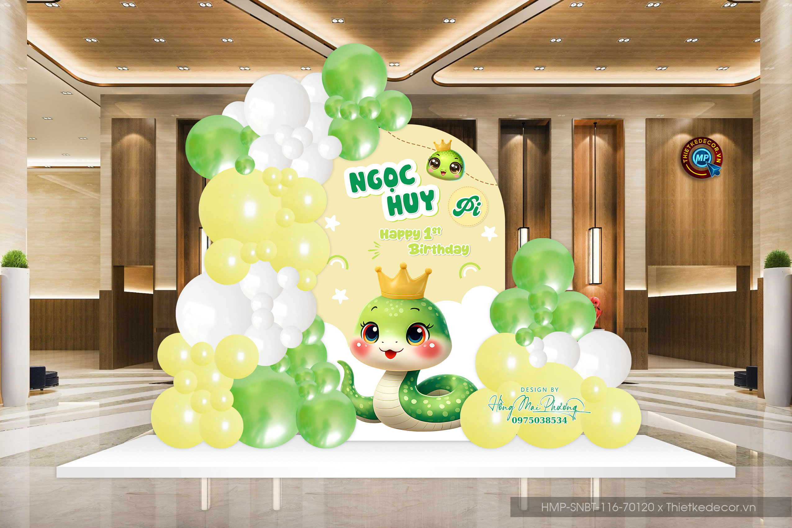 File thiết kế trang trí decor sinh nhật- thôi nôi bé trai đáng yêu cute tone xanh lá tuổi rắn